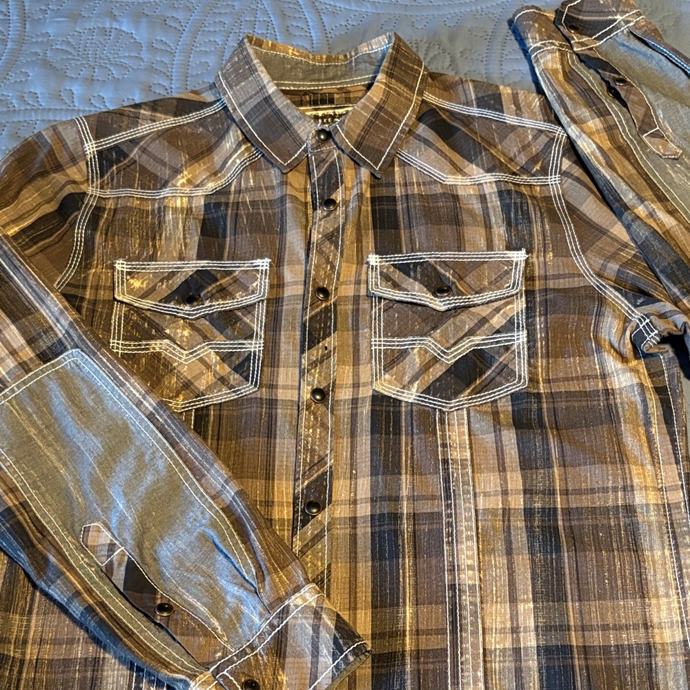 Men's BKE Vintage Standard Fit Plaid Brown Pearl Snap Shirt